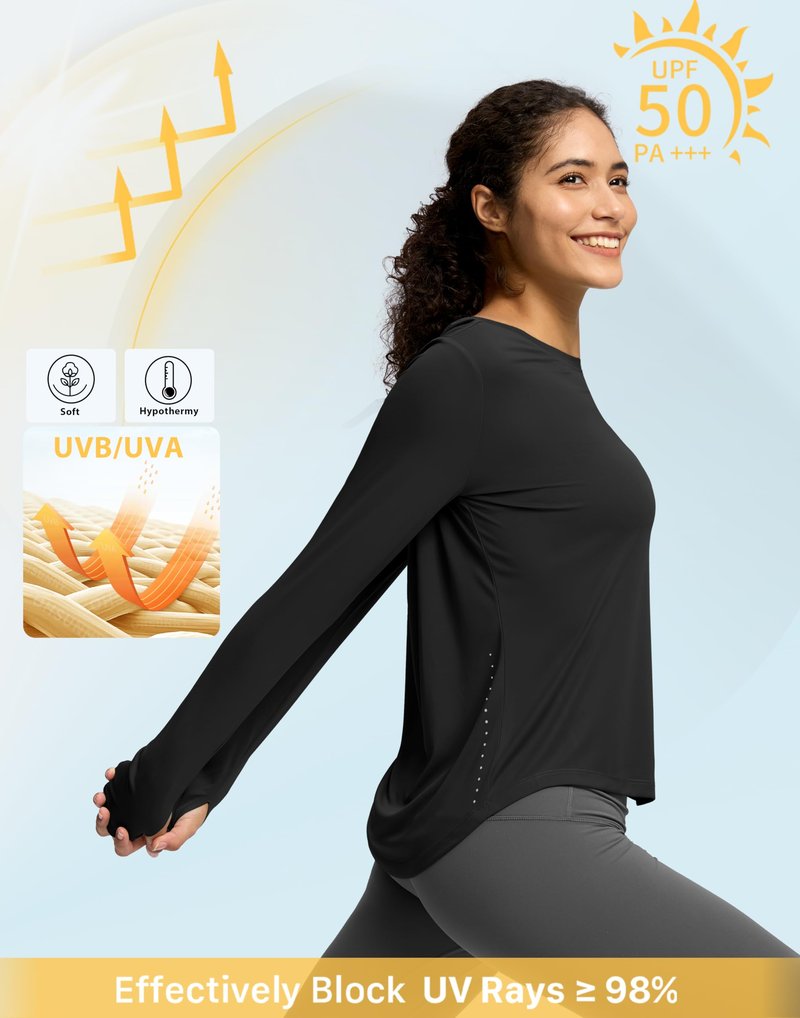 Soothfeel Women's Long Sleeve Workout Tops Running Hiking Athletic Shirts Active T-Shirts Wicking Quick Dry Soft Lightweight Black M