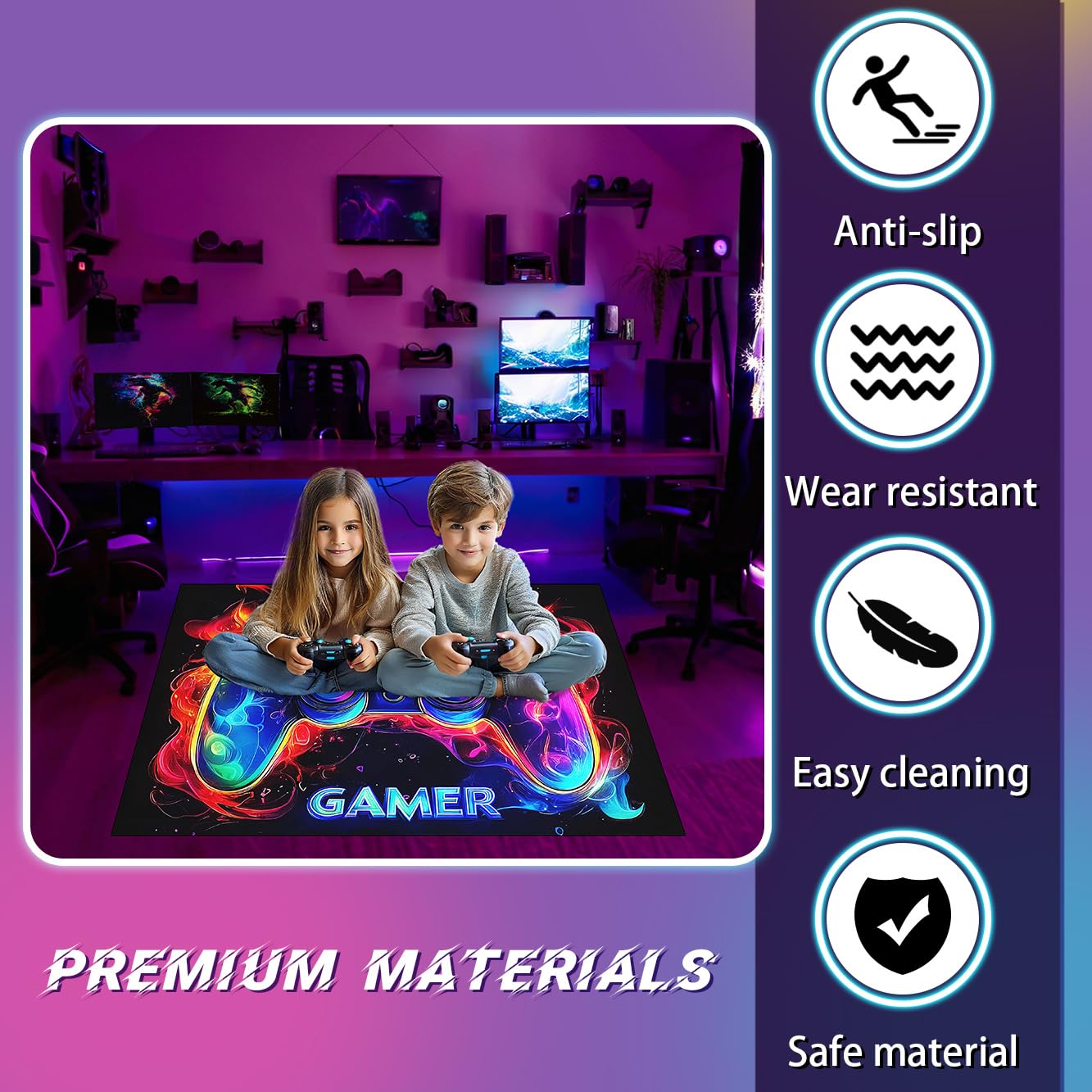 Gaming Rug for Boys Room - Purple Gamer Area Rug for Boys Bedroom Games Themed Kids Room Decor Gaming Carpet Rugs, 59 x 39 Inches