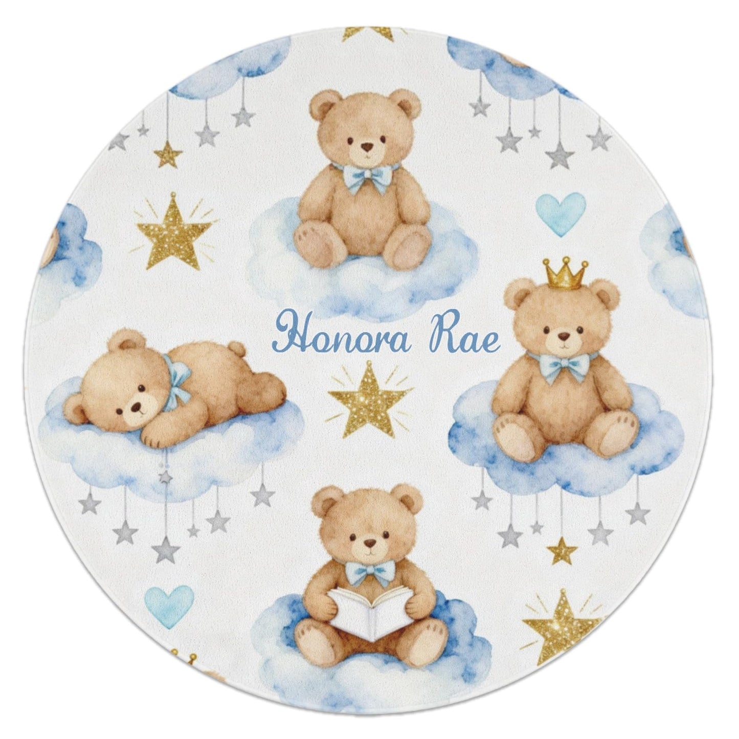 Joyestore Personalized Wise Bears Moon Clouds Stars Custom Round Area Rug Baby Crawling Floor Mats Gifts for Boys Girls Babies with Names Nursery Bedroom Living Room Decor