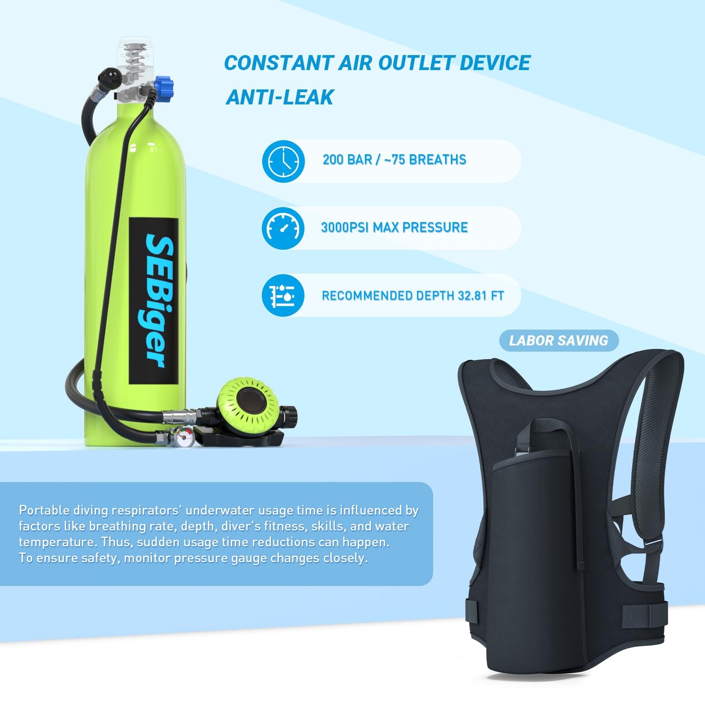 SEBiger Mini Scuba Tank 1.9L Support Underwater Breathing Reusable Diving Tank Kit with DOT Certified Pony Bottle for Underwater Exploration/Entertainment