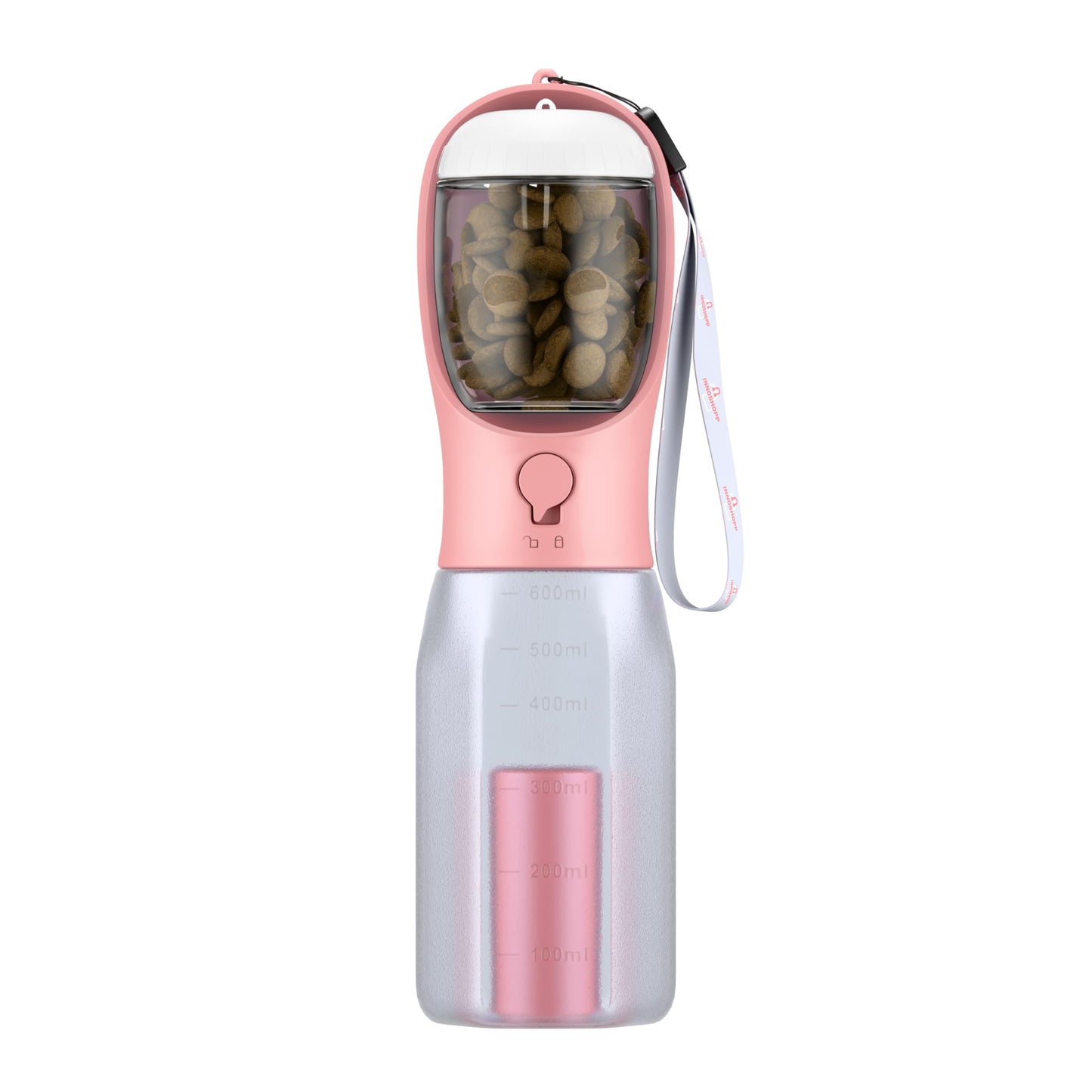 Innoshopp Dog Water Bottle - Portable Pet Water Bottle with Food Container & Poop Bag Dispenser - Lightweight, Leak Proof & BPA Free Dogs Drinking Bottle for Walking, Hiking & Travel (Pink)