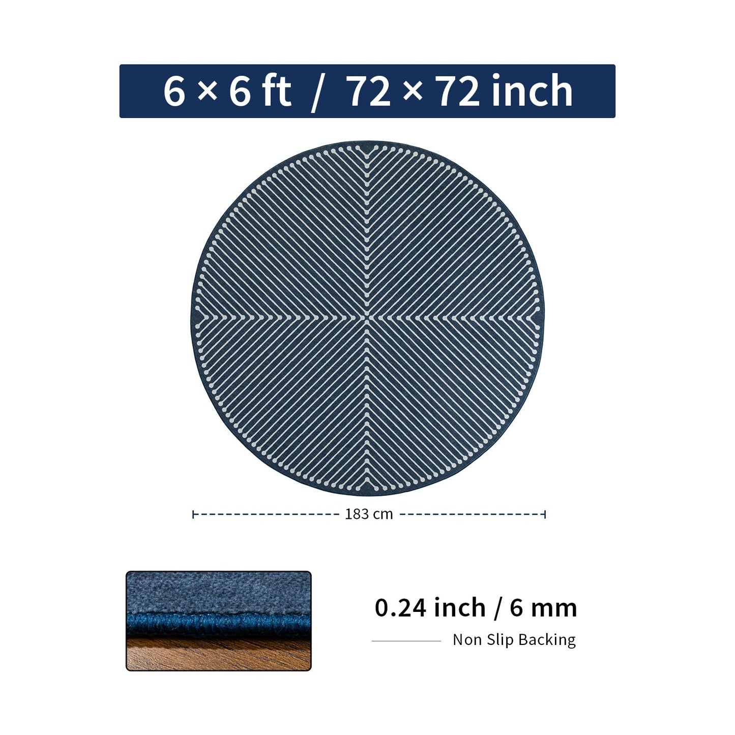 YIHOUSE Modern Washable 6ft Round Rug for Living Room, Dark Blue 6x6 Circle Rugs for Bedroom Non Slip Non Skid, Soft Striped Carpet for Dining Room Playroom Home Office Decor