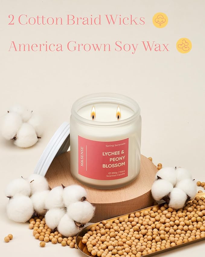 M&SENSE Lychee Peony Peach Scented Candle - 11.6oz 70 Hours Burn Non Toxic Natural Soy Wax Slow Burning Candle, 2-Wick Fruity Scent Gifts for Mom & Stress Relief Relaxing