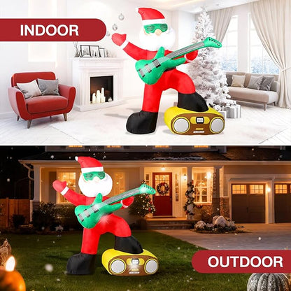 6FT Christmas Inflatables Decorations Outdoor，Blow Up Santa Claus with a Guitar with Built-in LEDs Lights for Indoor Holiday Party Yard Garden Lawn Décor