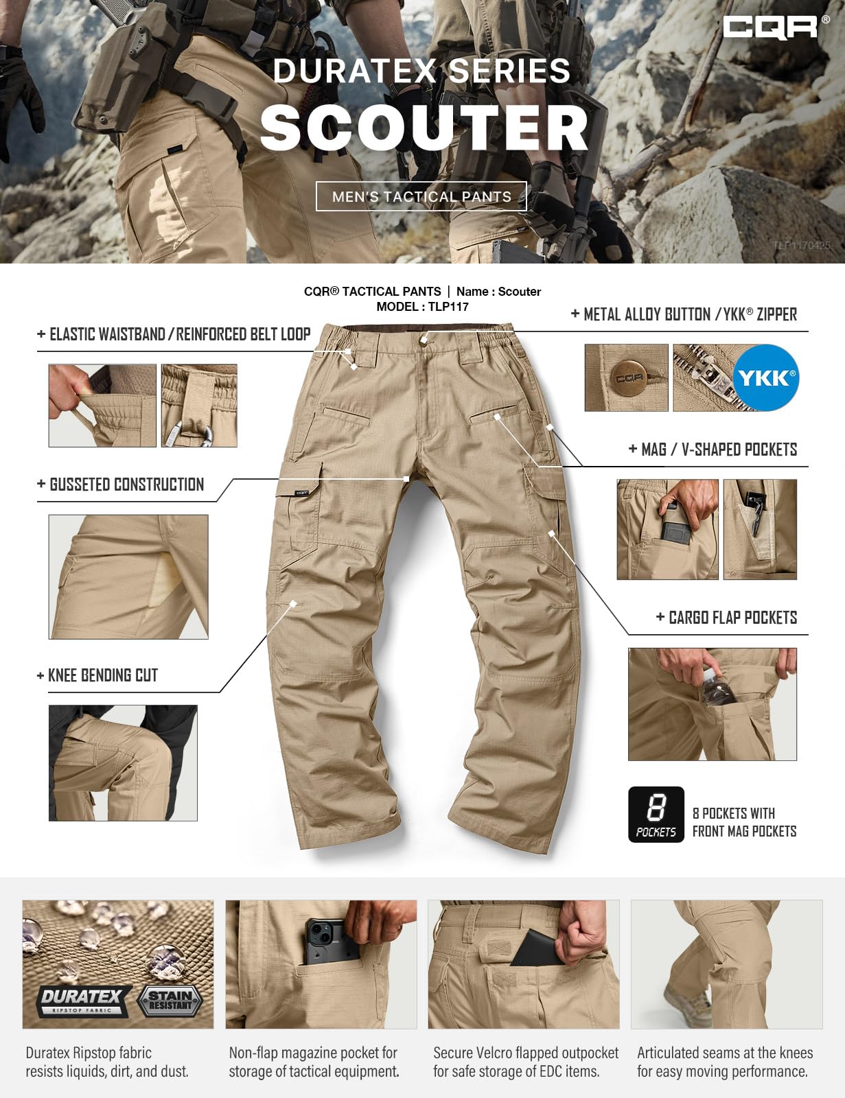 CQR Men's Tactical Pants, Water Resistant Ripstop Cargo Pants, Lightweight EDC Work Hiking Pants, Outdoor Apparel, Raider Khaki, 44W x 32L