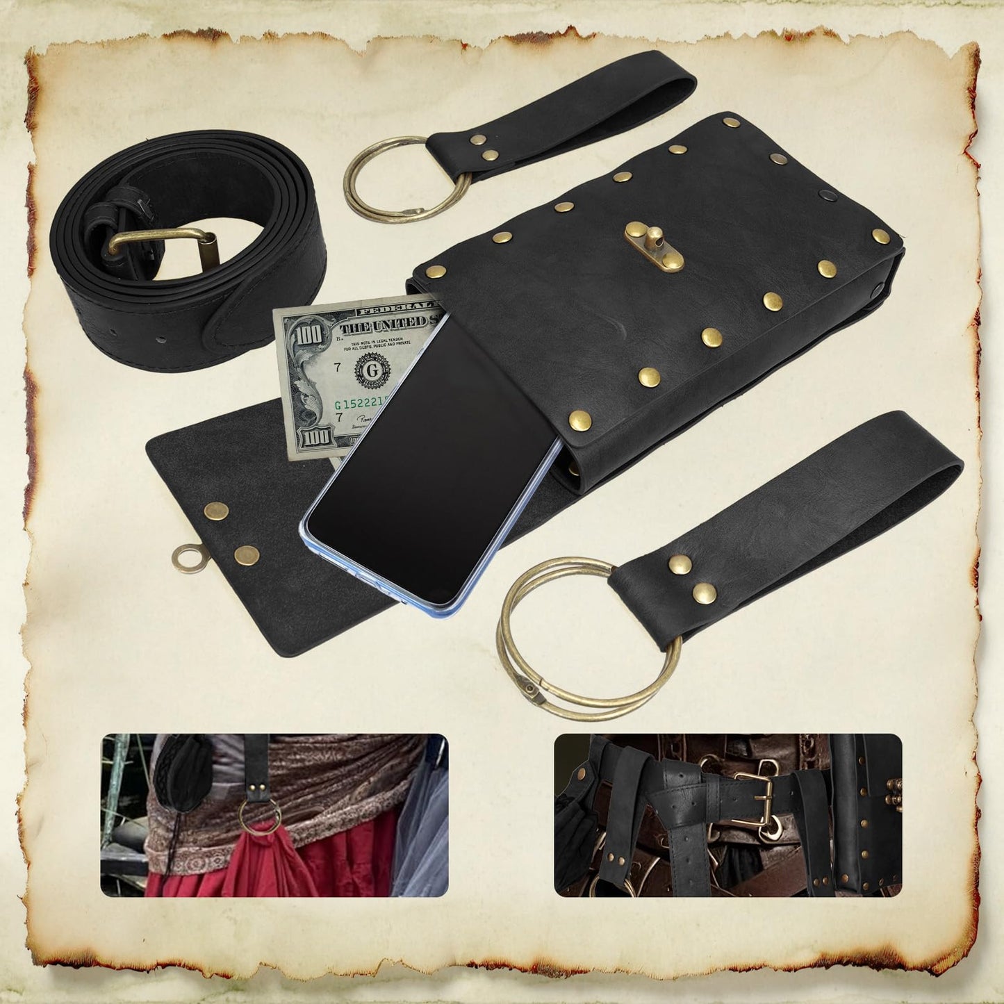 Renaissance Belt Pouch Medieval Viking Pirate Leather Bag Potion Bottle Set Skirt Hike Halloween Cosplay Costume Accessorie(Black, Belt Pouch)