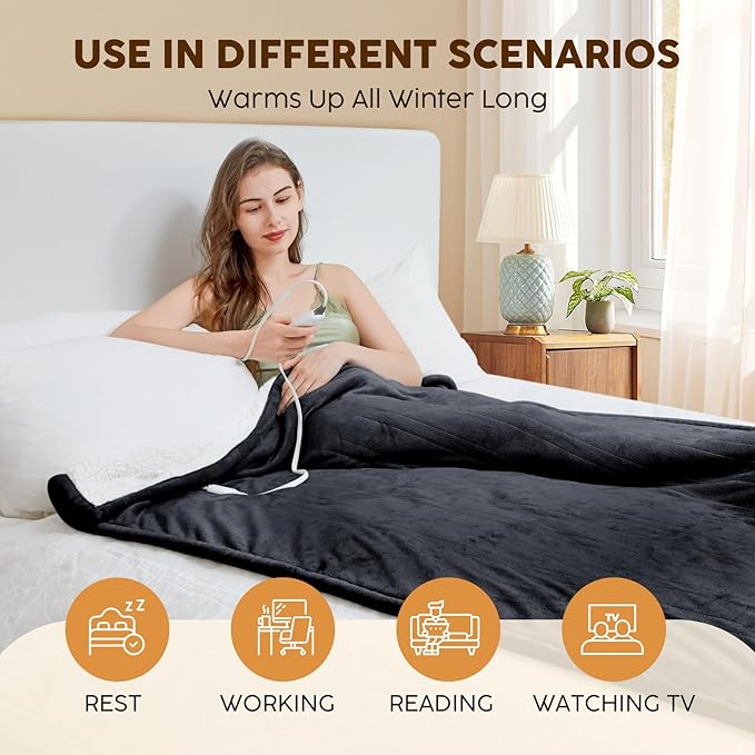 HYLEORY Heated Electric Blanket Queen 84"x90" Soft Fleece & Flannel with 5 Heating Levels & 10 Hours Timer Auto Shutt Off, ETL Certified, Washable，Heated Blanket for Body-Dark Grey