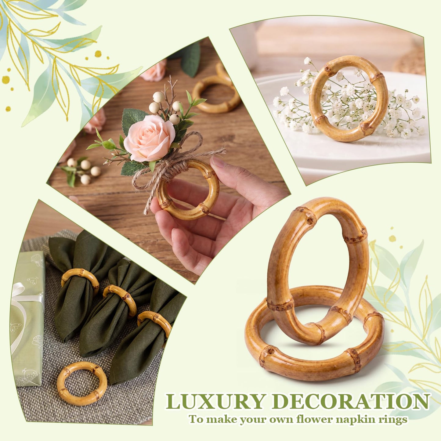 Thenshop 50 Pcs Decorative Bamboo Napkin Rings Bulk Exquisite Round Dining Table Napkin Holder Buckles for Elegant Dining Wedding Harvest Holiday Party Home Gift Mini Hanging Rings