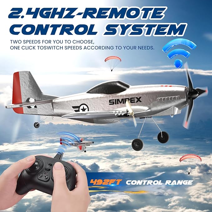 SIMREX RC Plane for Kids - 2.4GHz 3-Channel Remote Control Airplane Toy with 6-Axis Gyro 2 Speeds 2 Batteries P51 RC Airplane Foam Glider - Gift for Boys &amp Girls