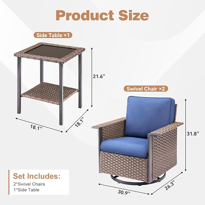3 Pieces Outdoor Patio Furniture Set-Wicker Patio Swivel Rocker Chairs Set of 2 with Outdoor Side Table, Comfy Rattan Glider Chairs Outdoor Seating Furniture for Porch Deck Balcony Garden Brown/Blue