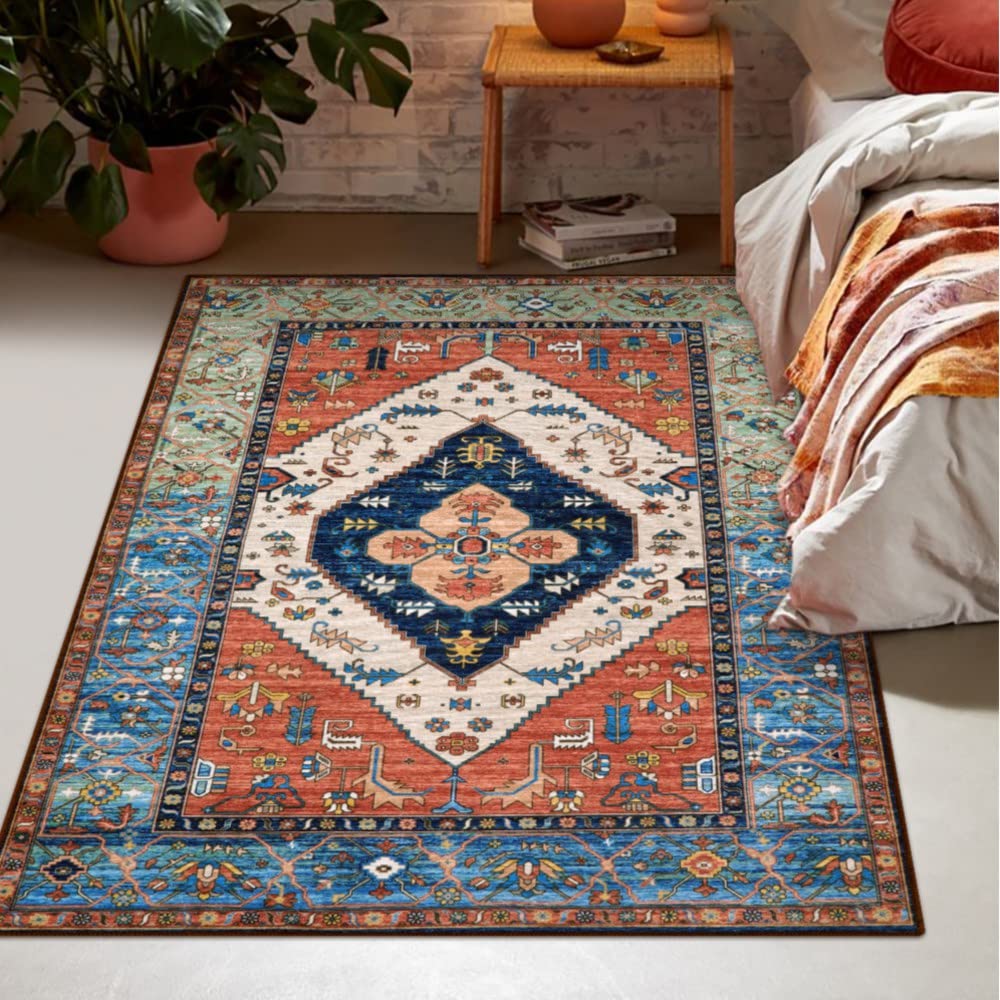 Lahome Boho Machine Washable Rugs - 5x7 Area Rugs for Living Room Non-Slip Oriental Throw Bedroom Rug Ultra-Thin Large Office Dining Room Rug Accent Floor Carpet for Kitchen Laundry Room Adelyn