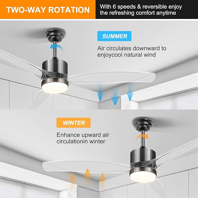 OKELI Clear Ceiling Fan with Light, 52 Inch Black Transparent Ceiling Fans with Light and Remote 3 Reversible Blade LED Ceiling Fan and Light Combo for Living Room, Bedroom, Patio