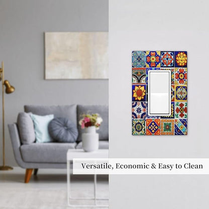 Traditional Colorful Talavera Mexican Spanish Moroccan Tiles Single Rocker/Decora Light Switch Plate Decorative 1 Gang Outlet Cover Faceplate GFCI Electrical Receptacle Wallplate Dimmer for Home Decor