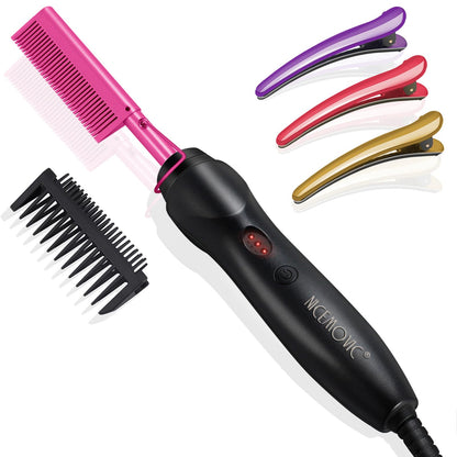 NICEMOVIC Ceramic Heating Hair Straightener Comb - Hot Pressing Brush for Natural Black Hair, Beard Wigs, and Curling (Gold)