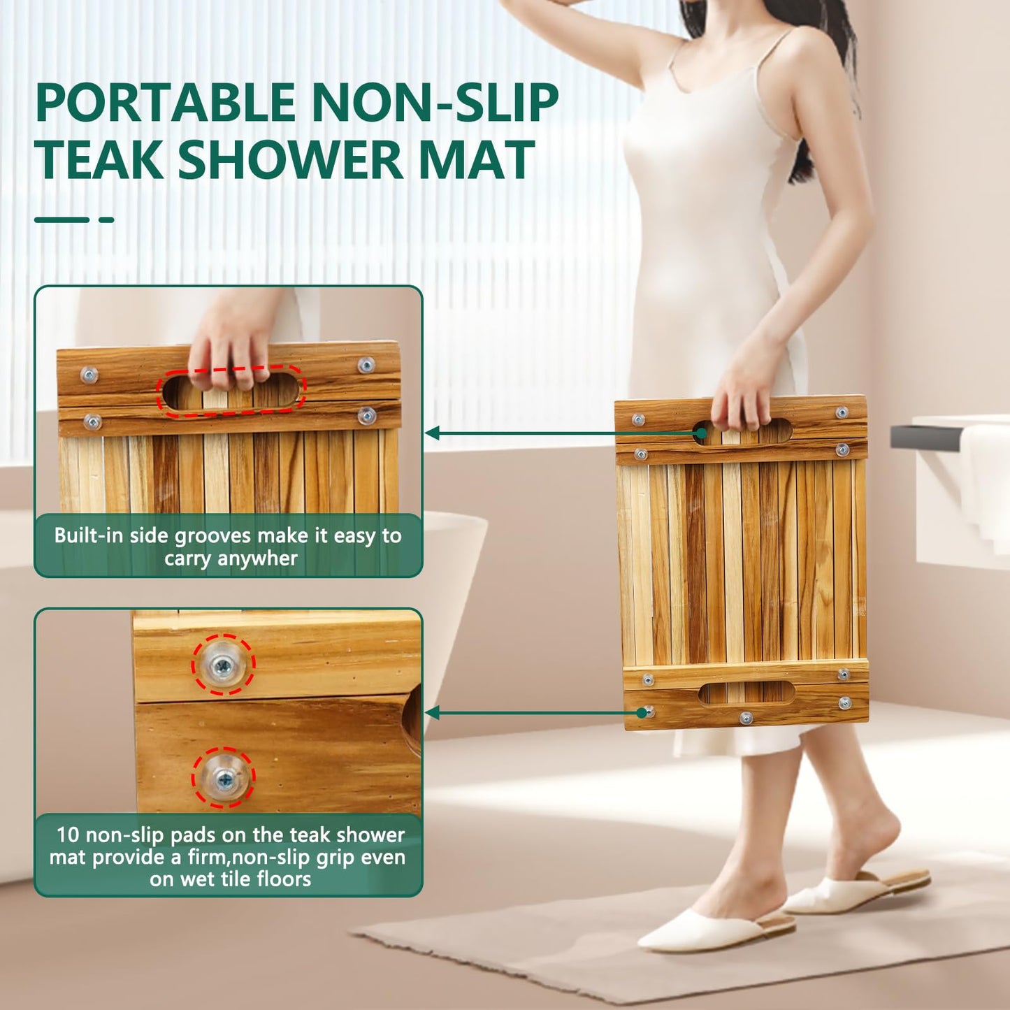 Teak Shower Mat – Adjustable Length Wooden Bathroom Mat, Non-Slip Bath Mat, Sauna Mat for Spa, Sauna Room, Pool, Indoor Outdoor Flooring