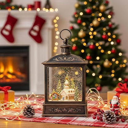 Christmas Snow Globe Lantern Water Glittering Churche & Manger Scene with Music & Timer, USB Lined/Battery Operated Lighted Lantern for Christmas Festival Decoration Gifts