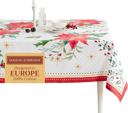 Maison d' Hermine Table Cloth Rectangle Table 100% Cotton 60 x 90 Inches Fall Tablecloth Reusable Everyday Use for Thanksgiving Christmas Decorations Dining Farmhouse Party (Poinsettia Christmas)