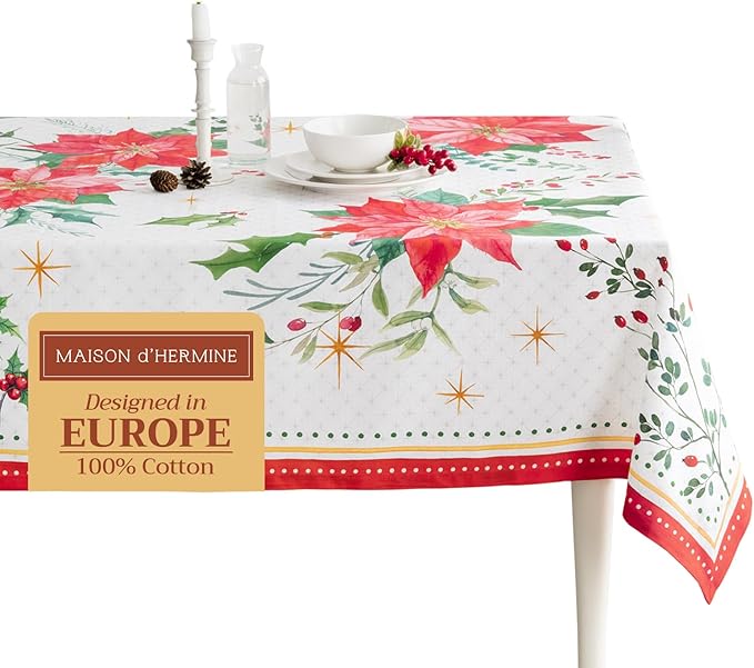 Maison d' Hermine Table Cloth Rectangle Table 100% Cotton 70 x 108 Inches Fall Tablecloth Reusable Everyday Use for Thanksgiving Christmas Decorations Dining Farmhouse Party (Poinsettia Christmas)