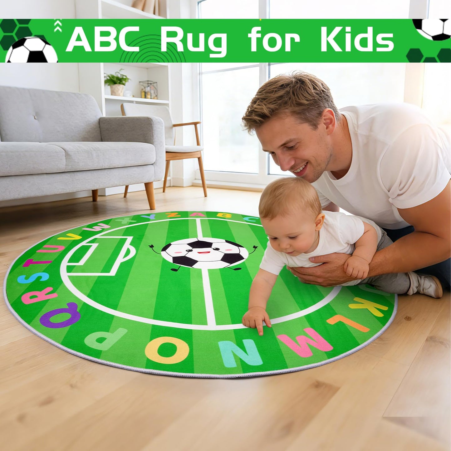 ZeffuLyne ABC Circle Rug, 4ft Playroom Rug with Soccer & ABC Alphabet, Soft Soccer Rugs for Kids, Non-Slip Circle Rugs for Baby, Toddlers, Boys Girls