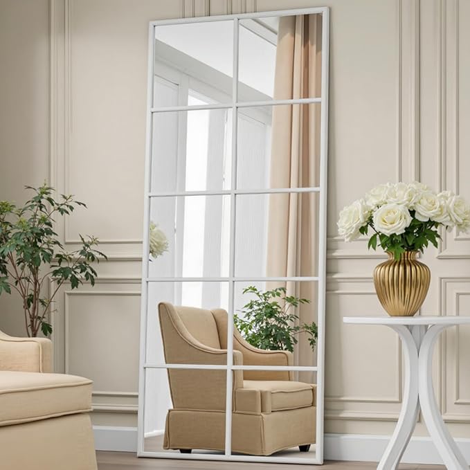 Full Length Mirror, 65"x24" Window Pane Mirror for Wall Decor, White Full Body or Wall Mounted Mirrors, Farmhouse Standing Mirrors Hanging or Leaning for Living Room, Entryway, No Stand