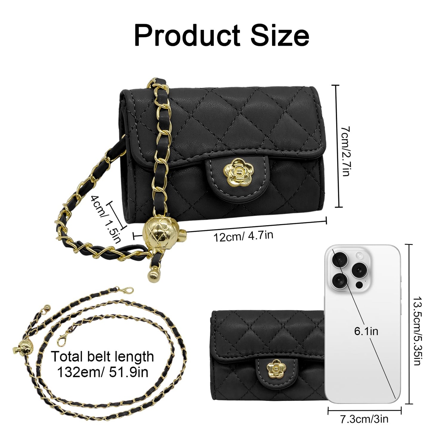 YAMEIZE Mini PU Leather Chain Belt Bag for Women Quilted Waist Purse Crossbody Fanny Pack Detachable Belt Chain