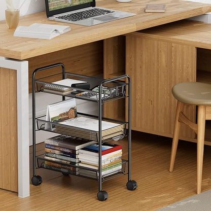 3-Tier Mesh Rolling Cart - 24.8" H Fits Under Desk Metal Cart with Wheel | Hold 35bls/Tier Small Space Storage Organizer Crafts Utility Cart for Office Pantry Bathroom Kitchen Laundry, Black