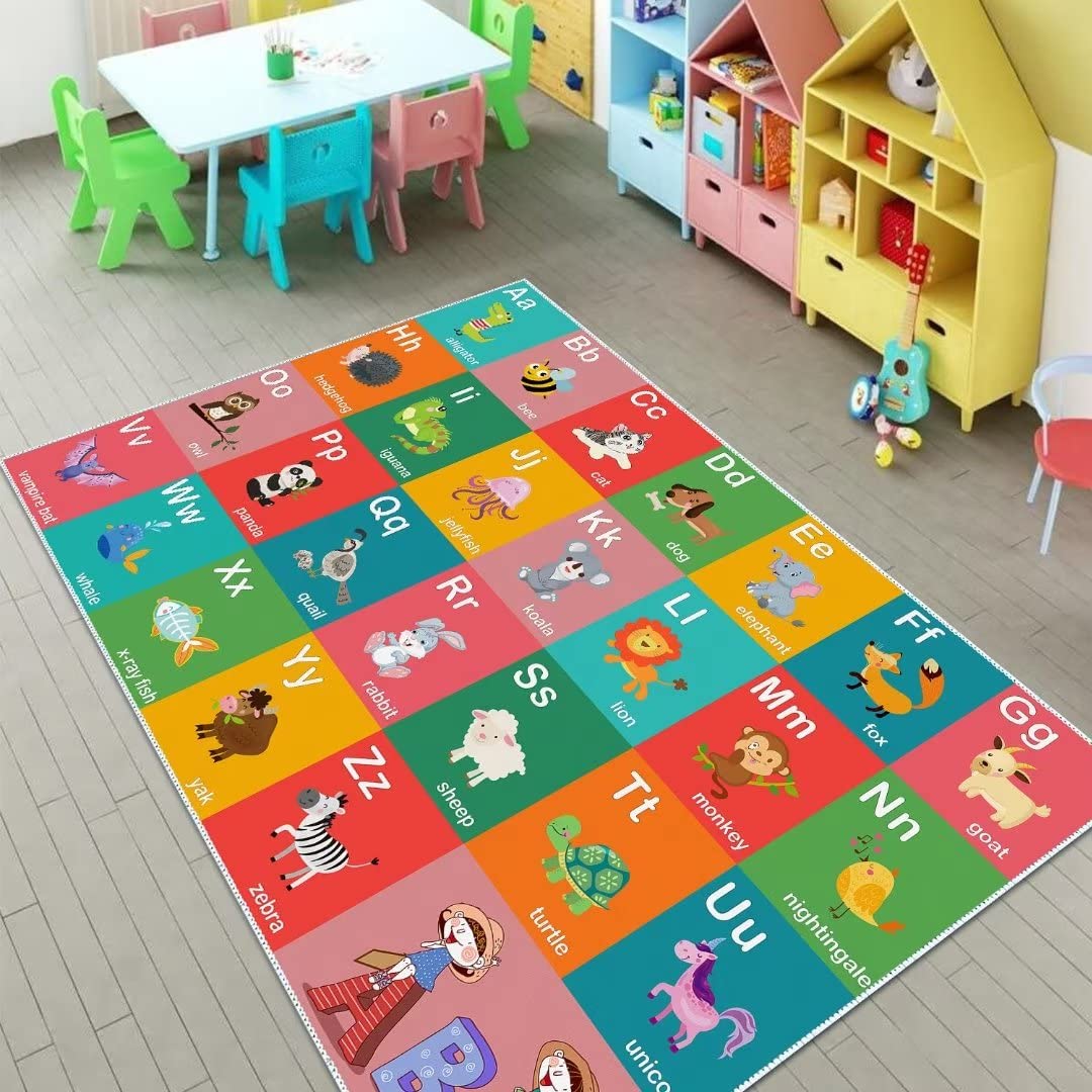ABC Alphabet Education Rug, Kids Fun Game Carpet Children's Room, Playroom, Classroom, Non-Slip Washable Crawl Floor Mat (Animal 31x47in)
