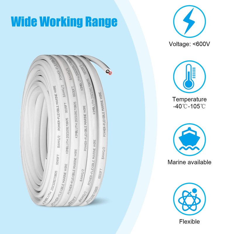 Kimbluth 8 Gauge Duplex Marine Wire Tinned Copper Boat Cable, 20ft 8 AWG Standard USA OFC Oxygen Free Copper Wire for Automotive Boat Speakers Solar Outdoors