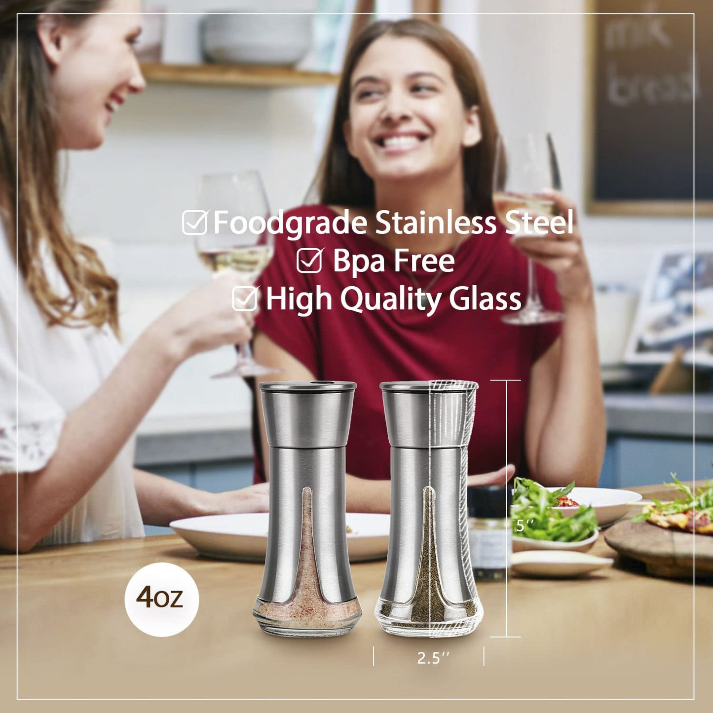 Salt and Pepper Shakers by Aelga - Salt Shaker with Adjustable Pour Holes for Himalayan, Kosher