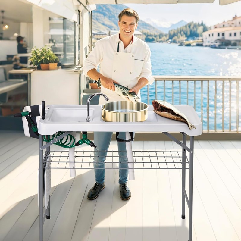 Folding Fish Cleaning Table with Sink - Portable Outdoor Fish Fillet Cutting Station | 42.4" with Drainage Hose & Grid Rack