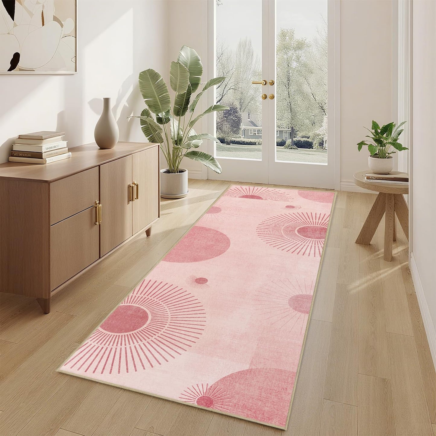Sun Runner Rug 2x6 for Hallway Kitchen Bedroom,Mid Century Modern Runner Rugs Washable Boho Geometric Rug Non-Slip Printed Low Pile Long Floor Carpet Mat for Bedroom Laundry,Pink