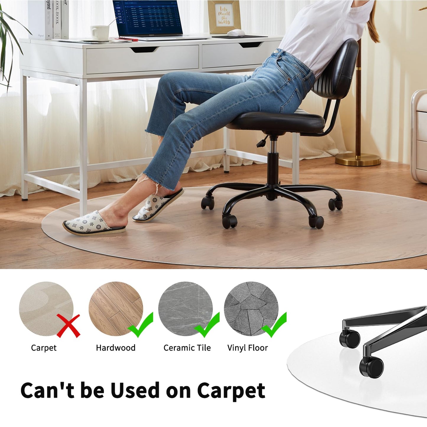 WASJOYE Office Chair Mat for Hard Floor, 36" Round Transparent Hard Floor Protector Cover Home Floor Mat for Computer Desk Rolling Chair