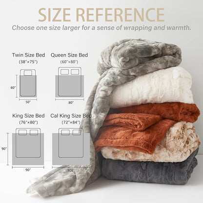 Krifey Burnt Orange Faux Fur Blanket for Queen Size Bed, 3D Marble Texture Soft Cozy Fuzzy Plush Thick Fall Blanket, Birthday for Women Mom Girlfriend, Camel, 90x90in