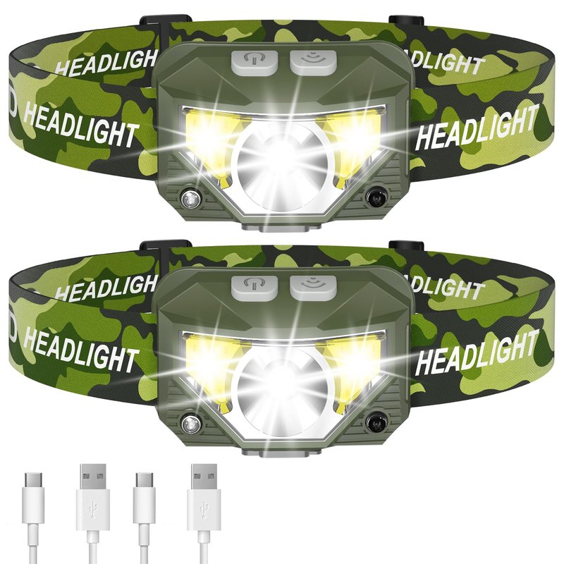 LHKNL Headlamp Flashlight, Lumen Ultra-Light Bright LED Rechargeable Headlight with White Red Light,2-Pack Waterproof Motion Sensor Head Lamp,8 Mode for Outdoor Camping Running Fishing- Green