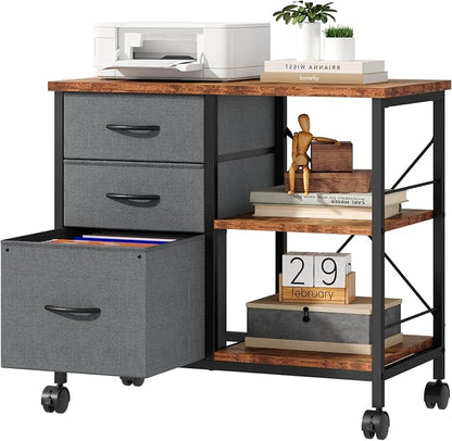 OLIXIS 3-Tier Printer Stand with Fabric Storage Drawer, Rolling Printer Cart with Lockable Wheels and Metal Frame, Under Desk Table with Open Storage Shelf for Small Spaces, Home, Office, Gray