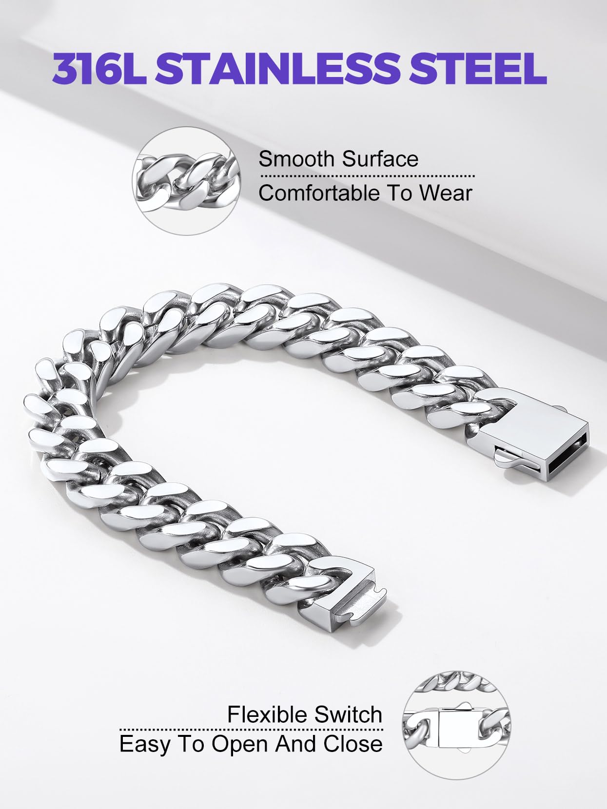 Richsteel Chunky Miami Cuban Link Chain Bracelet Hip Hop Stainless Steel Jewelry
