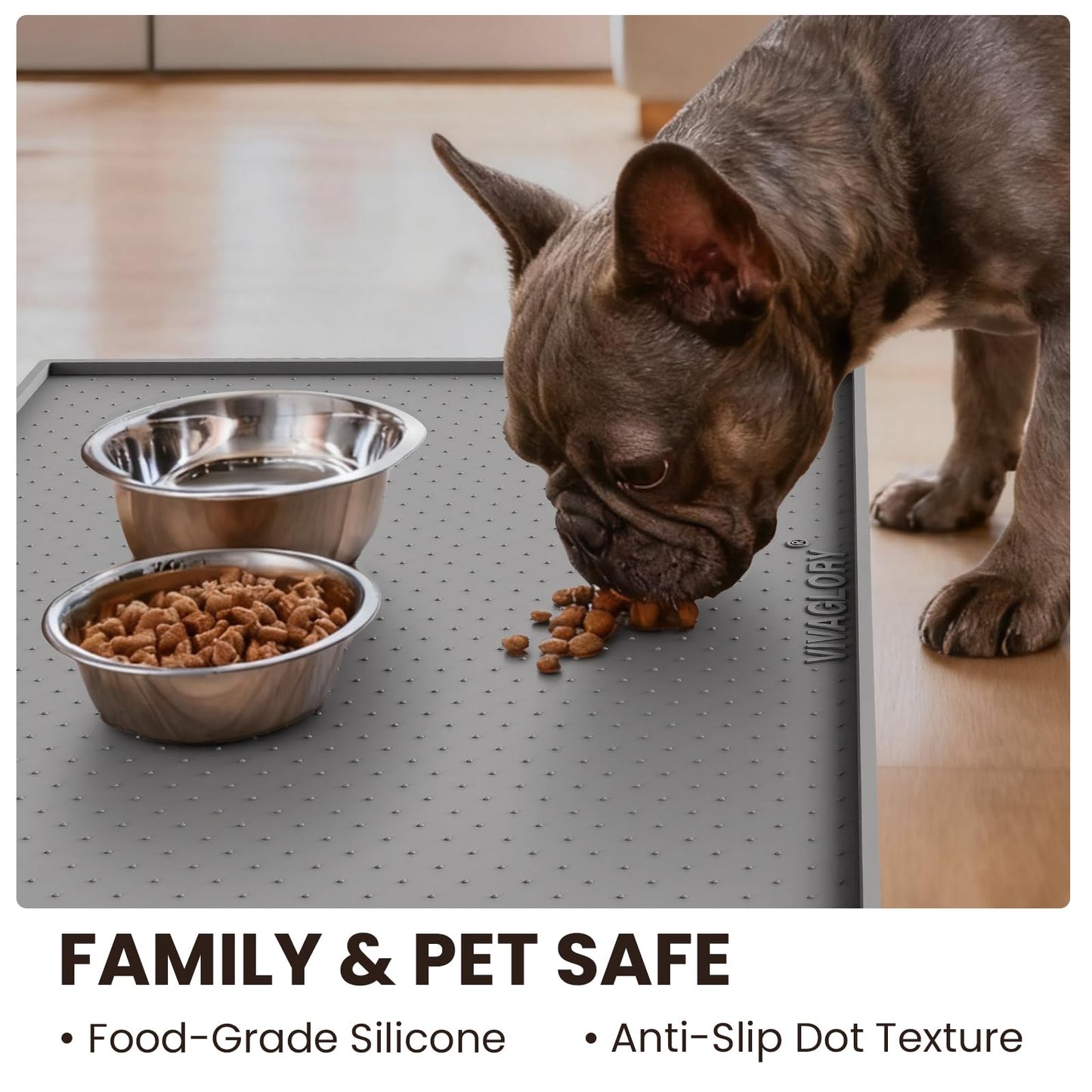 VIVAGLORY Dog Bowl Mat Grippymat Pet Food Mat, Waterproof Washable Nonslip Silicone for Pet & Cat, Food and Water Placemat with Lip & Raised Edges for Indoor Floor, S, Grey