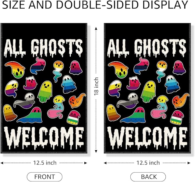All Ghosts Welcome Garden Flag, Funny Ghost Yard Sign for Outside, LGBT Trans Pride Ally Flag, Spooky Fall Season Lawn Porch Halloween Decoration for Family Friend