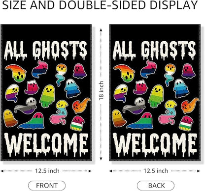 All Ghosts Welcome Garden Flag, Funny Ghost Yard Sign for Outside, LGBT Trans Pride Ally Flag, Spooky Fall Season Lawn Porch Halloween Decoration for Family Friend