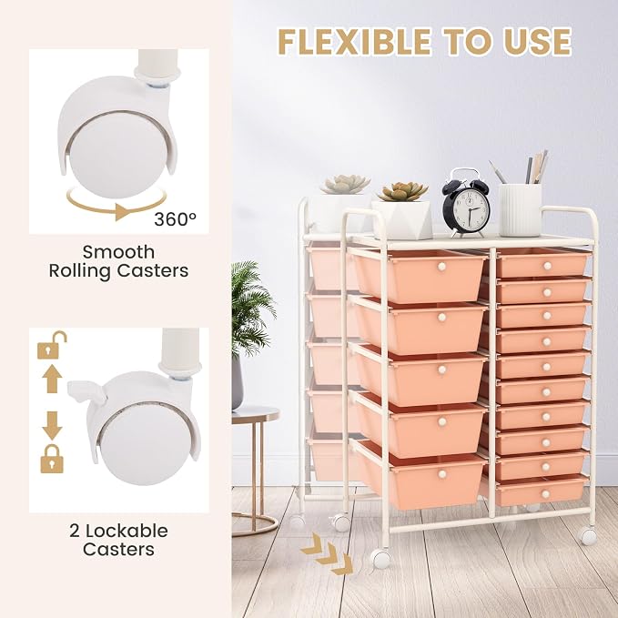 GOFLAME 15-Drawer Rolling Storage Cart, Craft Storage Cart with Removable Drawers & Lockable Wheels, Art Cart Supply Storage Organizer for Home Office Classroom, Peach Fuzz