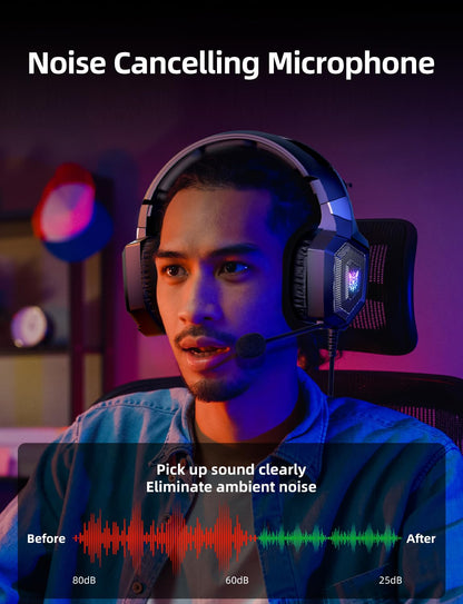 Gaming Headset with Microphone, Gaming Headphones Compatible for PS4 PS5 Xbox PC with RGB Lights, PlayStation Headset with Noise Reduction 7.1 Surround Sound Over-Ear and Wired 3.5mm Jack (Black)