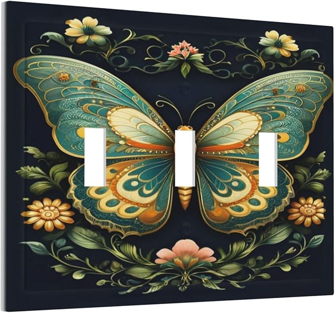 Butterfly Ornate with Flower Light Switch Covers 3 Gang Triple Toggle Wall Plate Decorative Switchplate Electrical Faceplate for Farmhouse Living Decor