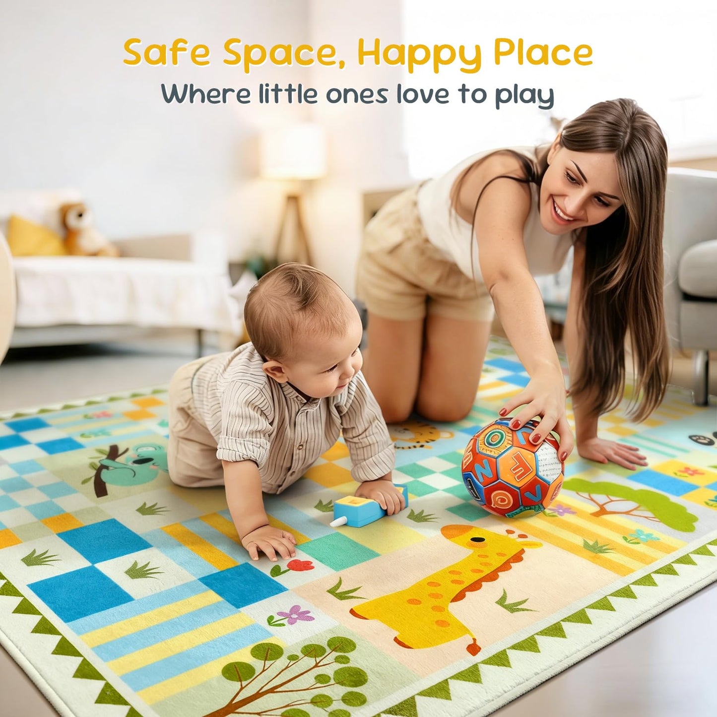 3x4 Washable Kid Playroom Rug, Unisex Green Safari Jungle Woodland Animal Toddler Carpet, Soft Non-Slip Baby Nursery Area Rug with Cute Colorful Checkered Design for Boy Bedroom