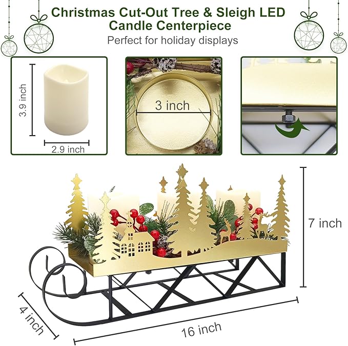 Christmas Sleigh Centerpiece Table Decorations with Flickering Led Candle Lights Xmas Sleigh Silhouette Candelabrum for Dinning Room, Table, Fireplace, Mantel Holiday Decoration