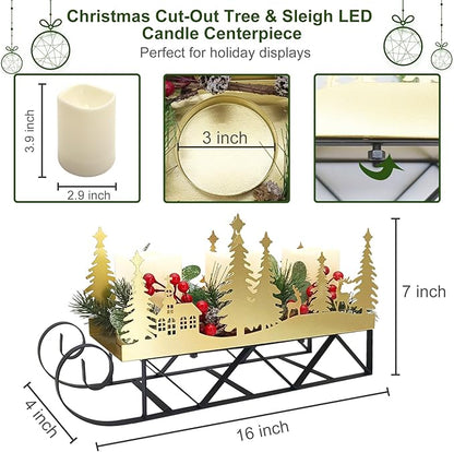 Christmas Sleigh Centerpiece Table Decorations with Flickering Led Candle Lights Xmas Sleigh Silhouette Candelabrum for Dinning Room, Table, Fireplace, Mantel Holiday Decoration