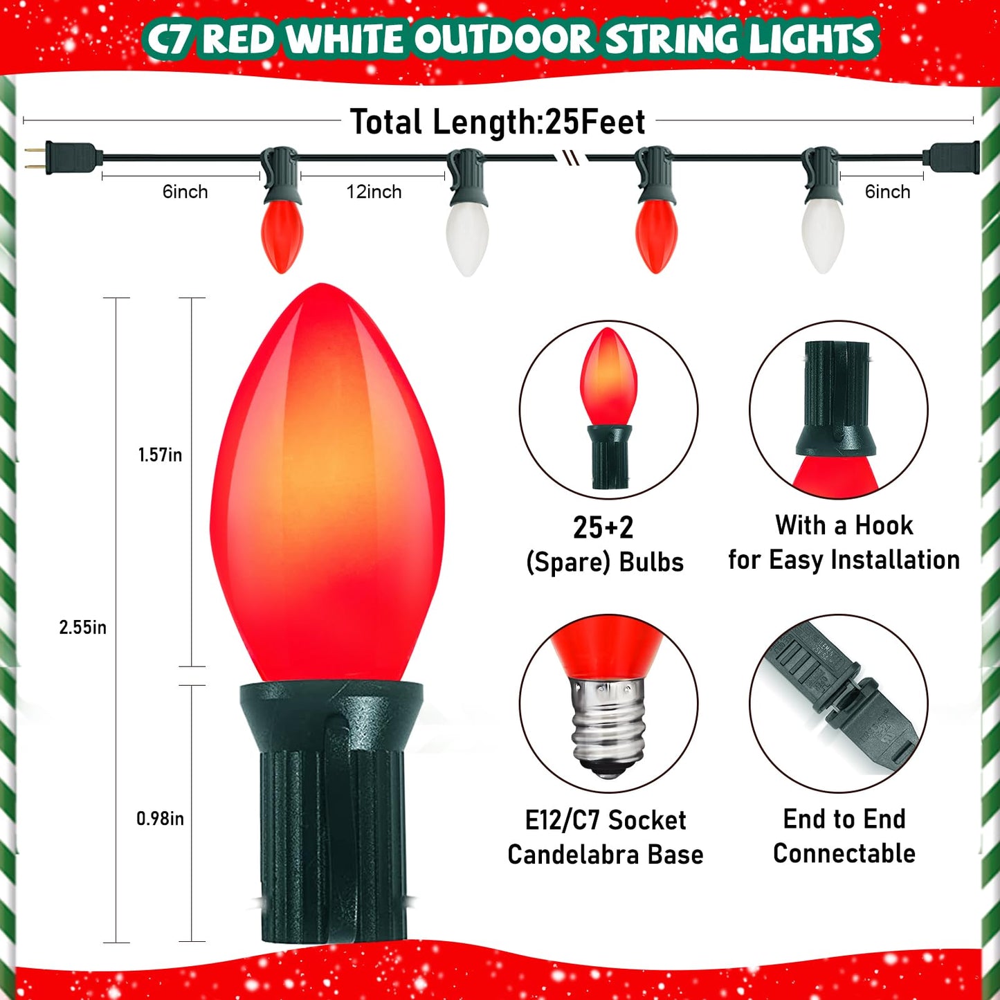 Konictom C7 LED Red and White Christmas Lights,25ft Outdoor String Lights with 27 Red White LED Bulbs(2 Spare),Connectable Outside Christmas Lights for Xmas Tree Party Roof Decoration,Green Wire
