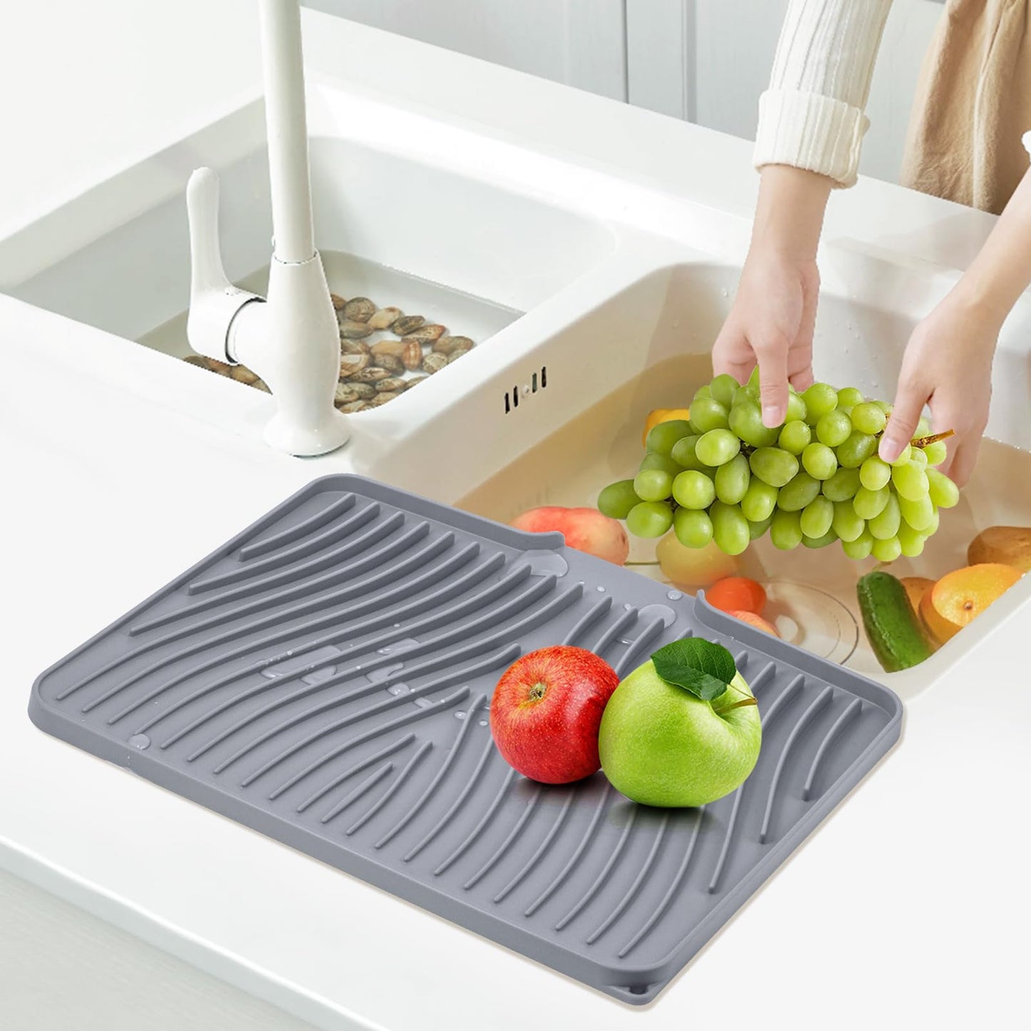 TIKNIK Silicone Dish Drying Mat for Kitchen Counter - Heat Resistant & Non-Slip Dish Drain Pad with Built-In Drain, Dishwasher Safe, Quick-Dry, Hangable & Roll-Up for Storage, Grey-1pcs, 16" x 12"