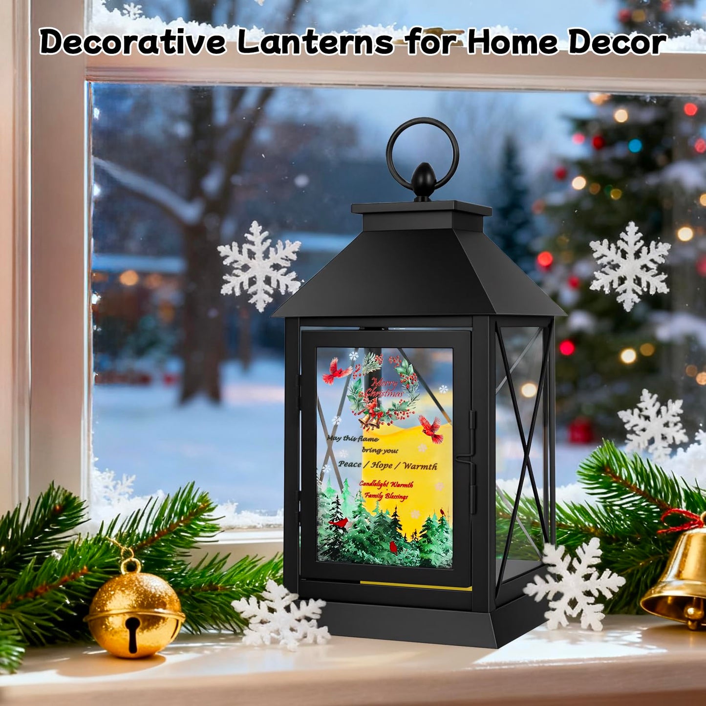 Christmas Candle Lantern Metal with LED Flickering Flameless Candles Light Xmas Decoration Lantern Indoor Outdoor Decorative for Table Home Decor Party Gift (Christmas)