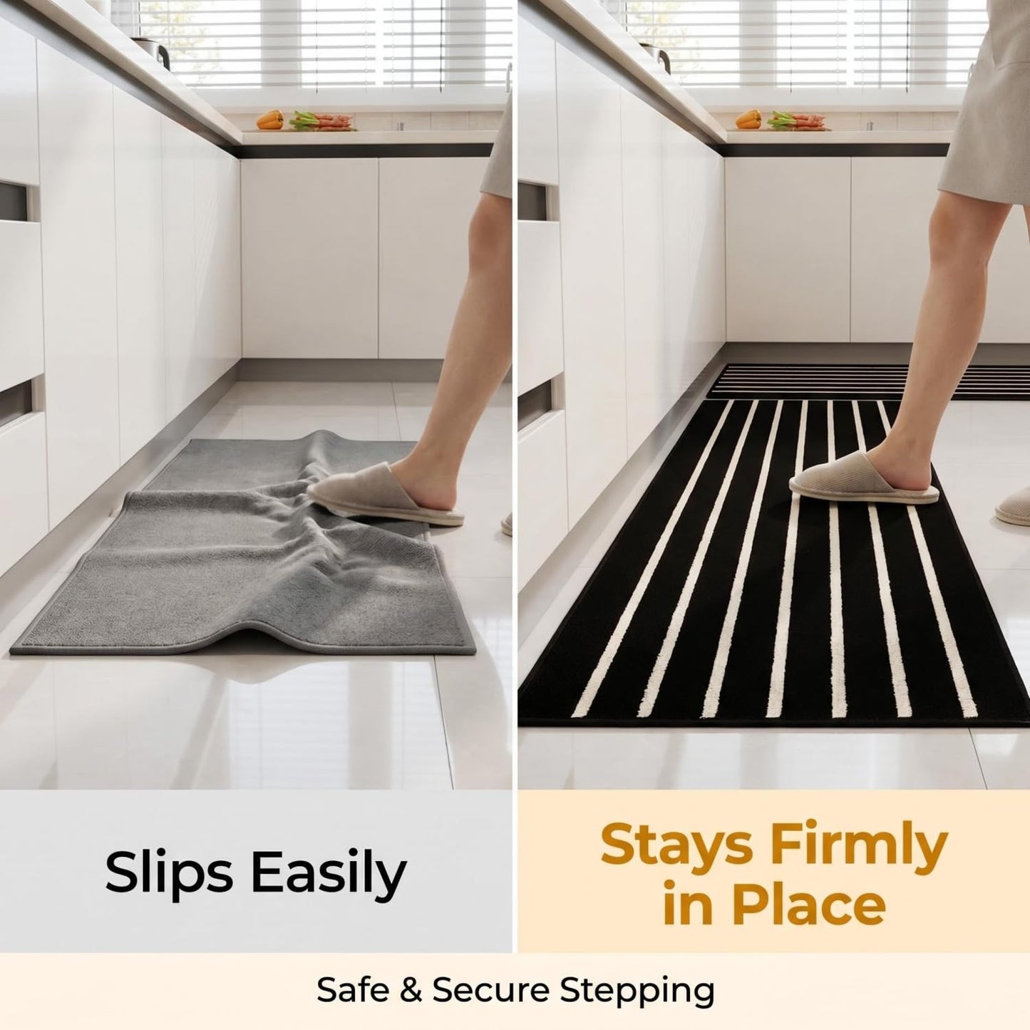 GIB Kitchen Mats Set of 2 PCS, Non-Slip Washable Rugs for Kitchen Floor, Absorbent Runner Rug Comfort Standing Mats for Kitchen Sink Office Decor, 20"x32"+20"x47", Black and White Striped