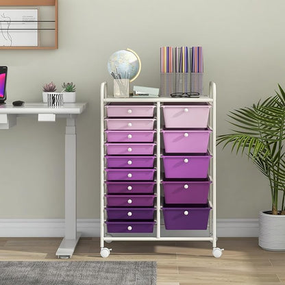 LDAILY 15 Drawer Rolling Storage Cart, Rolling Cart with Drawers for Classroom, Art Supply Craft Organizer on Wheel with Metal Frame & Handles for Home Office School